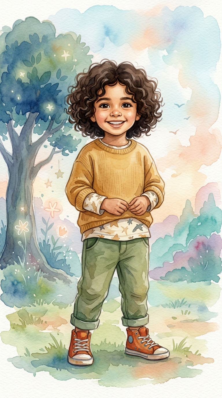 Whimsical Watercolor sample featuring a Arab American child