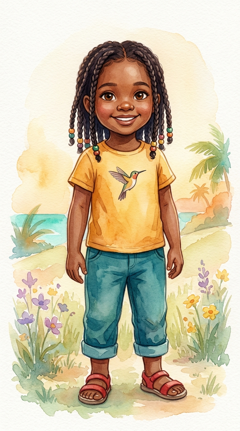 Whimsical Watercolor sample featuring a Caribbean child