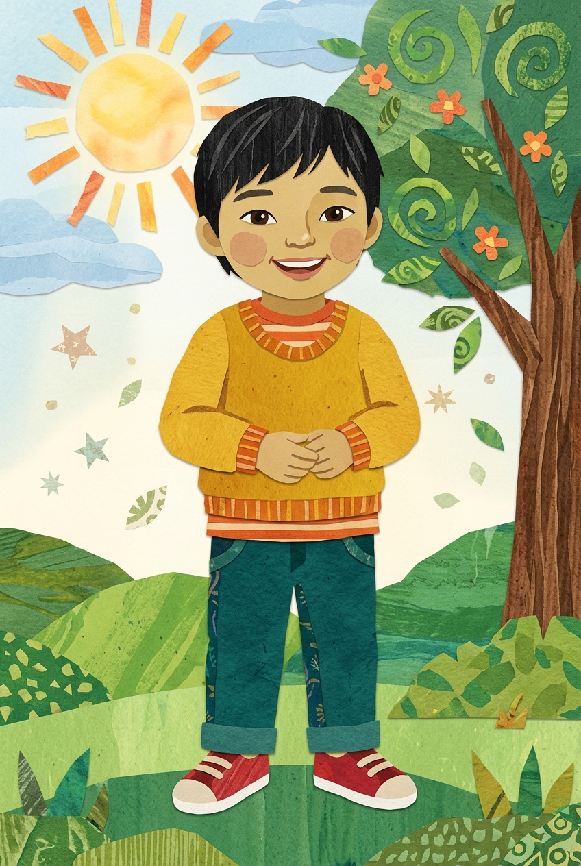 Paper-Cut Collage sample featuring a East Asian child