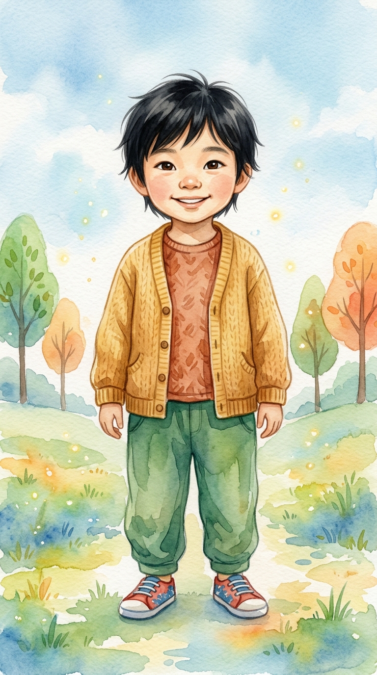Whimsical Watercolor sample featuring a East Asian child