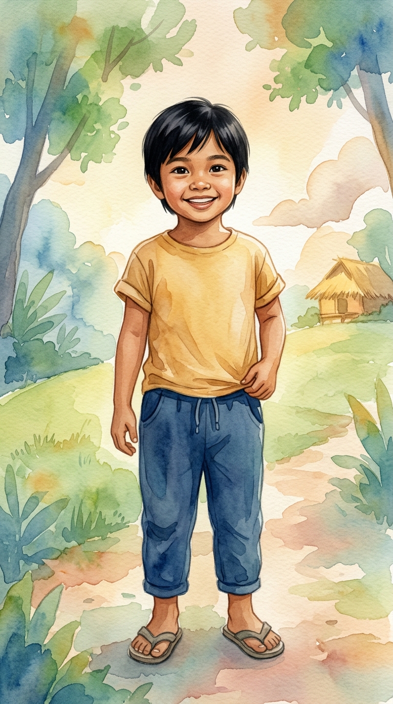 Whimsical Watercolor sample featuring a Filipino child