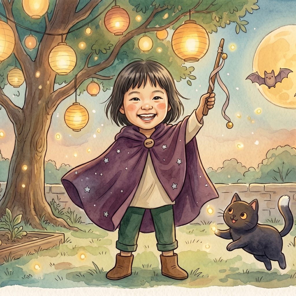 Sample page from First Spell: an illustrated child in a starry plum cloak raising a ribbon wand under glowing garden lanterns, a black cat leaping nearby (sample child)