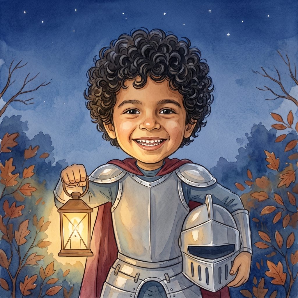 Sample page from The Night They Were a Knight: an illustrated child in cardboard knight armour holding a lantern, helmet under one arm (sample child)
