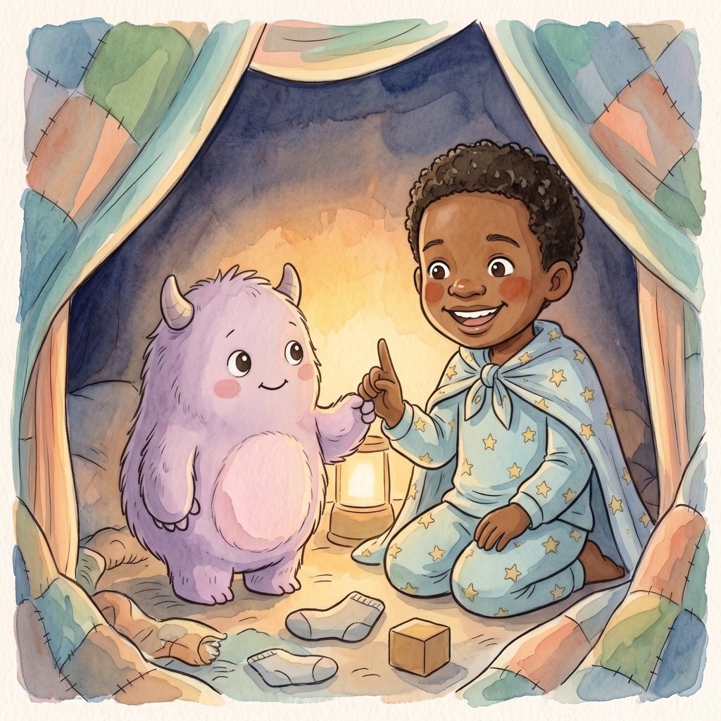 Sample page from Monster Buddy: an illustrated child in star pyjamas and a blanket cape making a pinky-paw promise with a small lilac monster in a blanket fort (sample child)