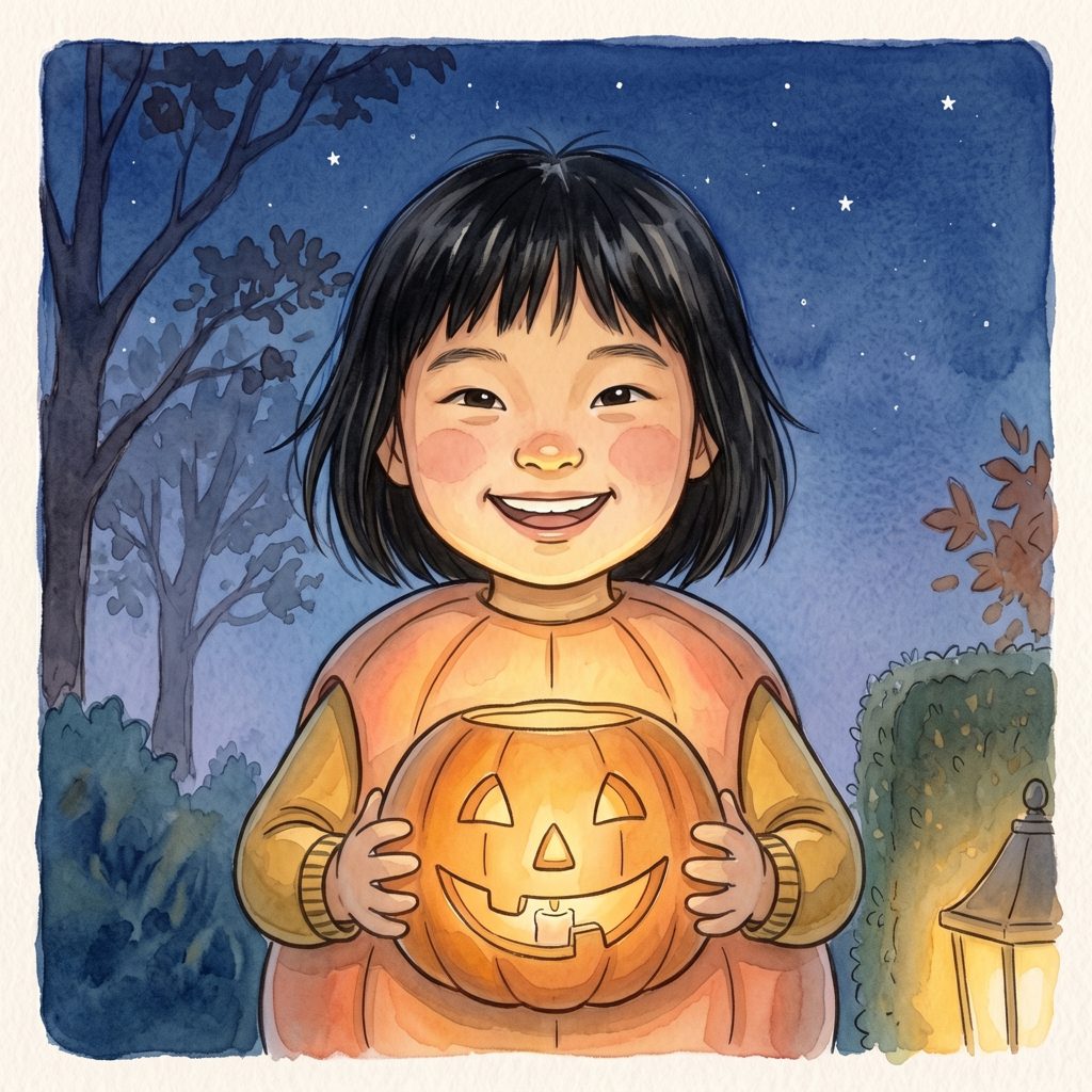 Sample page from the Halloween Hero book: an illustrated child in a pumpkin costume holding a glowing jack-o'-lantern (sample child, not a customer)