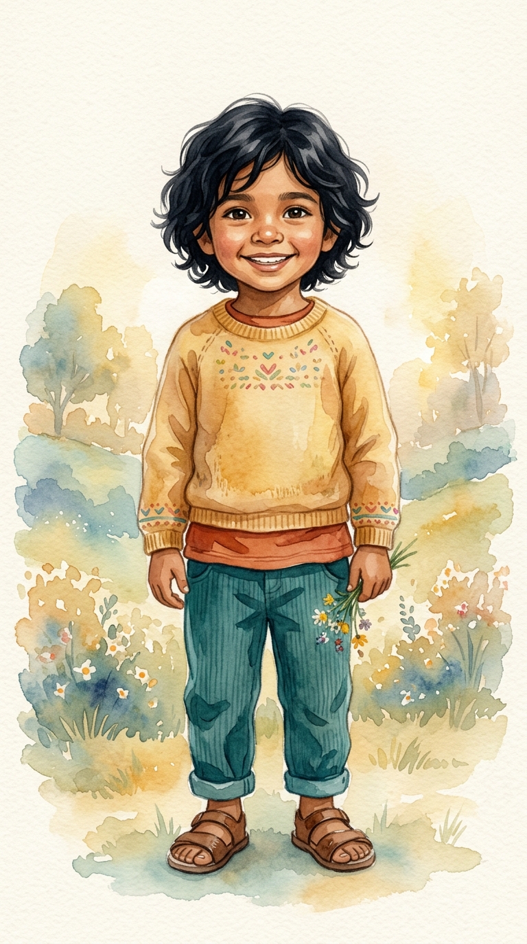 Whimsical Watercolor sample featuring a Hispanic / Latino child
