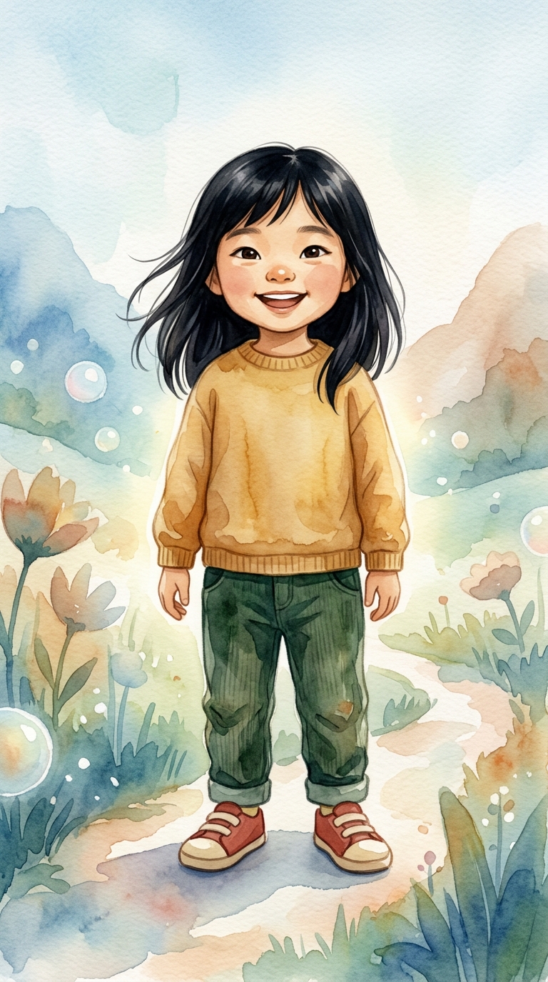 Whimsical Watercolor sample featuring a Korean child