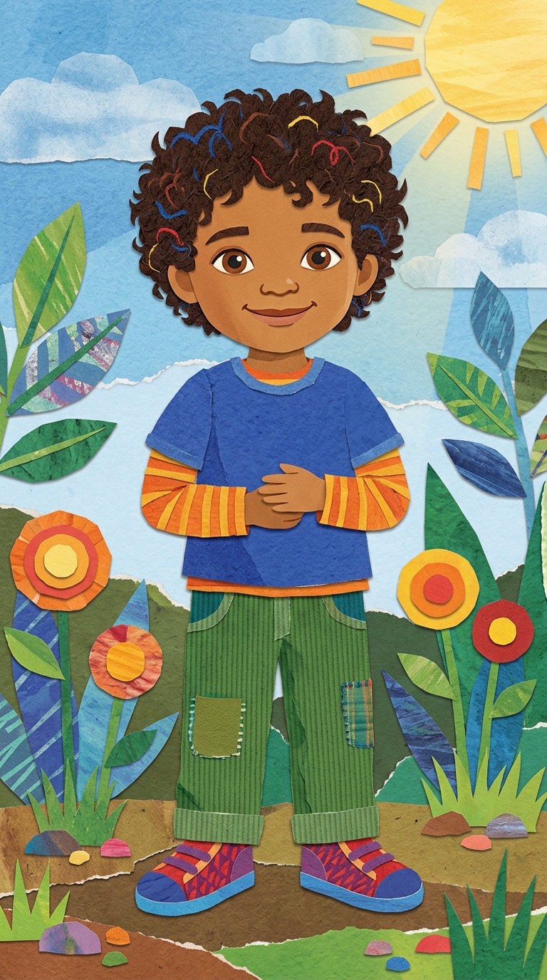 Paper-Cut Collage sample featuring a Mixed Race child