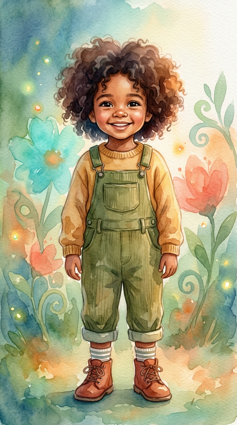 Whimsical Watercolor sample featuring a Mixed Race child