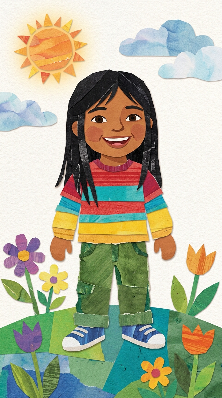 Paper-Cut Collage sample featuring a Native American child