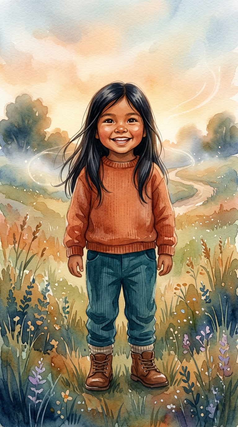Whimsical Watercolor sample featuring a Native American child