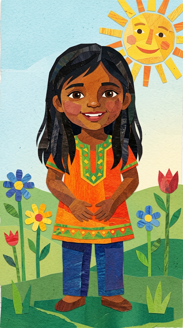 Paper-Cut Collage sample featuring a South Asian child