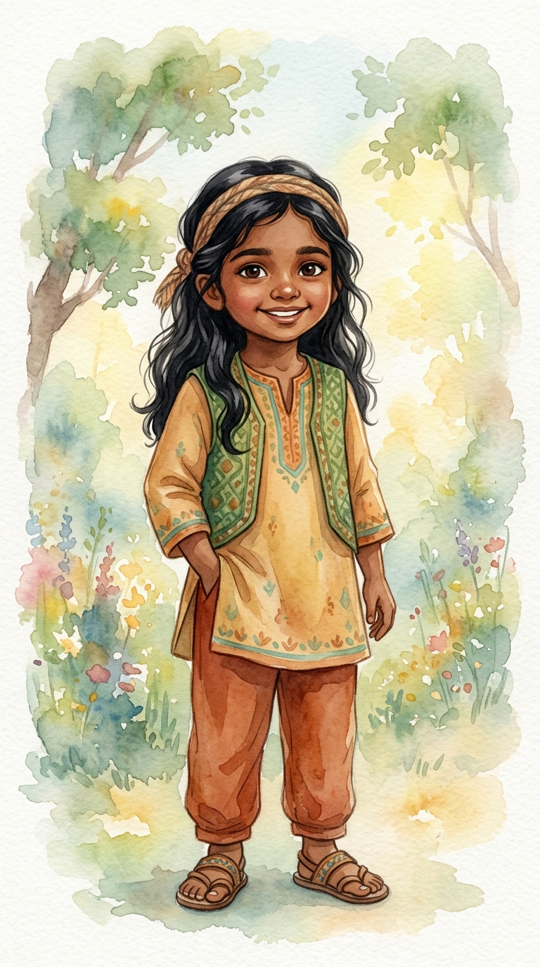 Whimsical Watercolor sample featuring a South Asian child