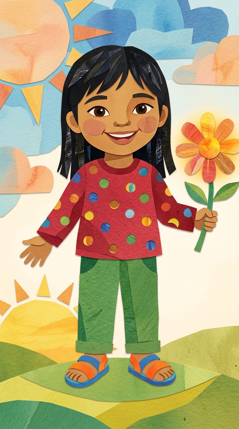 Paper-Cut Collage sample featuring a Southeast Asian child