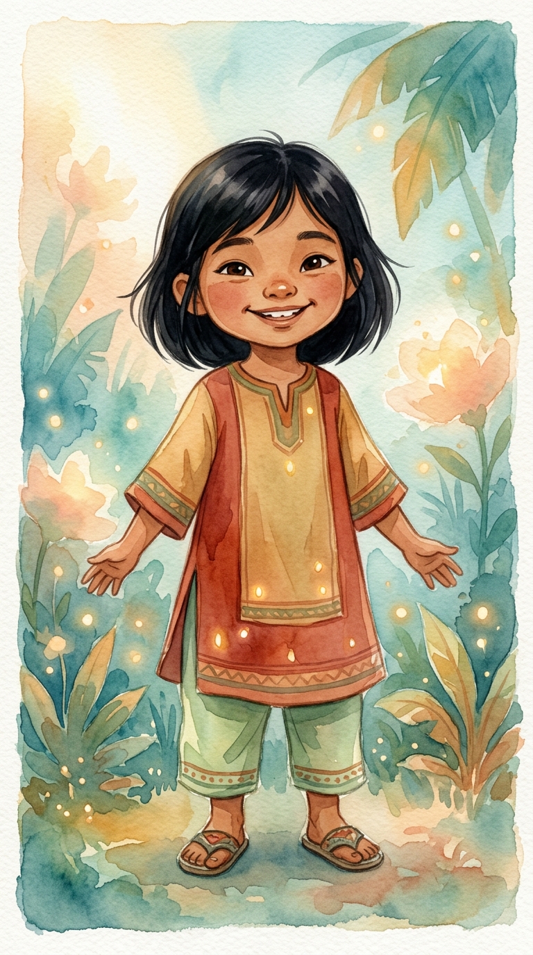 Whimsical Watercolor sample featuring a Southeast Asian child