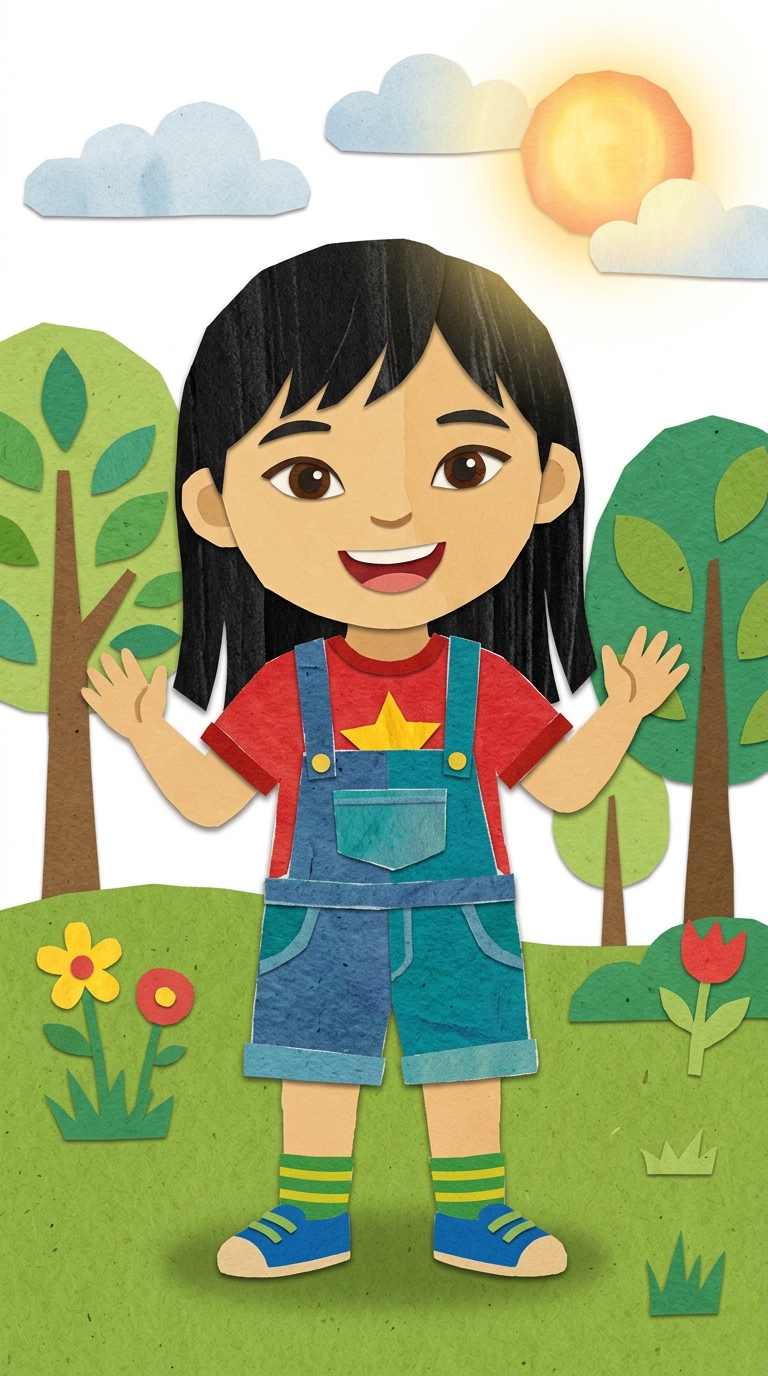 Paper-Cut Collage sample featuring a Vietnamese child